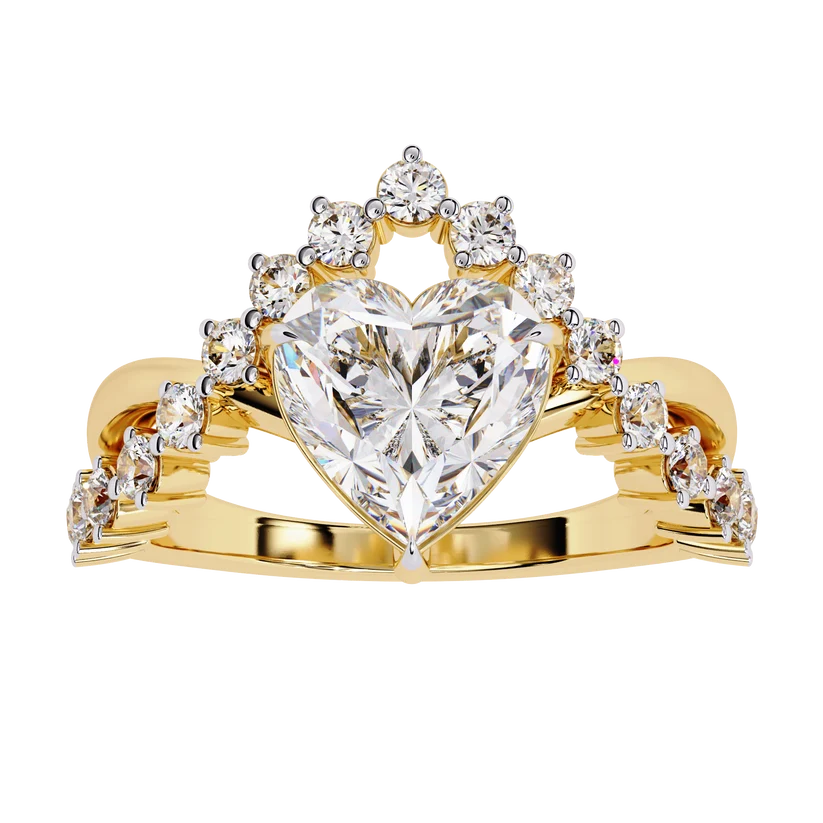 Heart Cut Diamond Halo Gold Engagement Ring with Floral Side Accent | Romantic Bridal Promise Ring