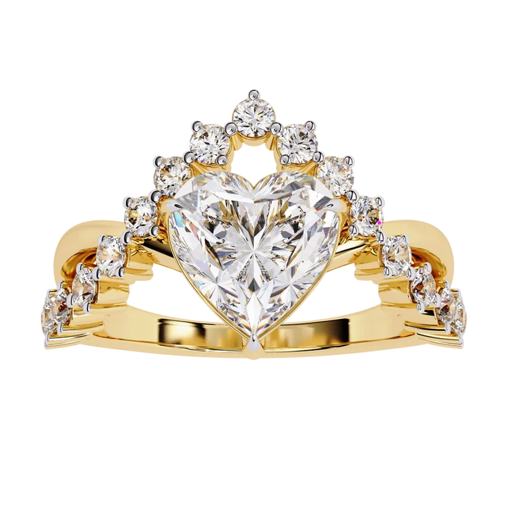 Heart Cut Diamond Halo Gold Engagement Ring with Floral Side Accent | Romantic Bridal Promise Ring
