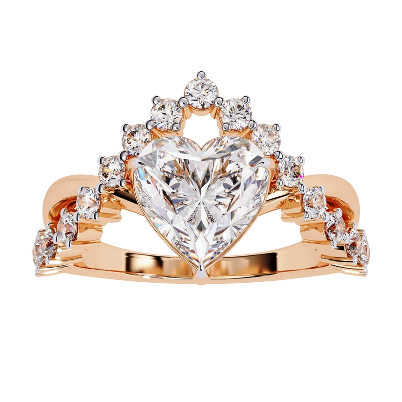 Heart Cut Diamond Halo Gold Engagement Ring with Floral Side Accent | Romantic Bridal Promise Ring