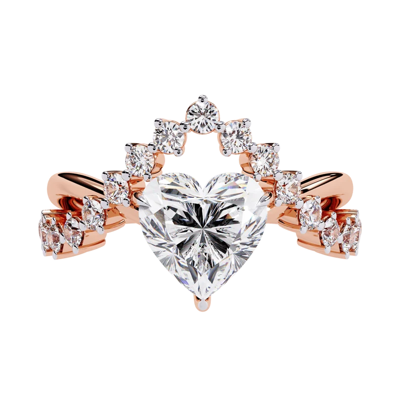 Heart Cut Diamond Halo Gold Engagement Ring with Floral Side Accent | Romantic Bridal Promise Ring