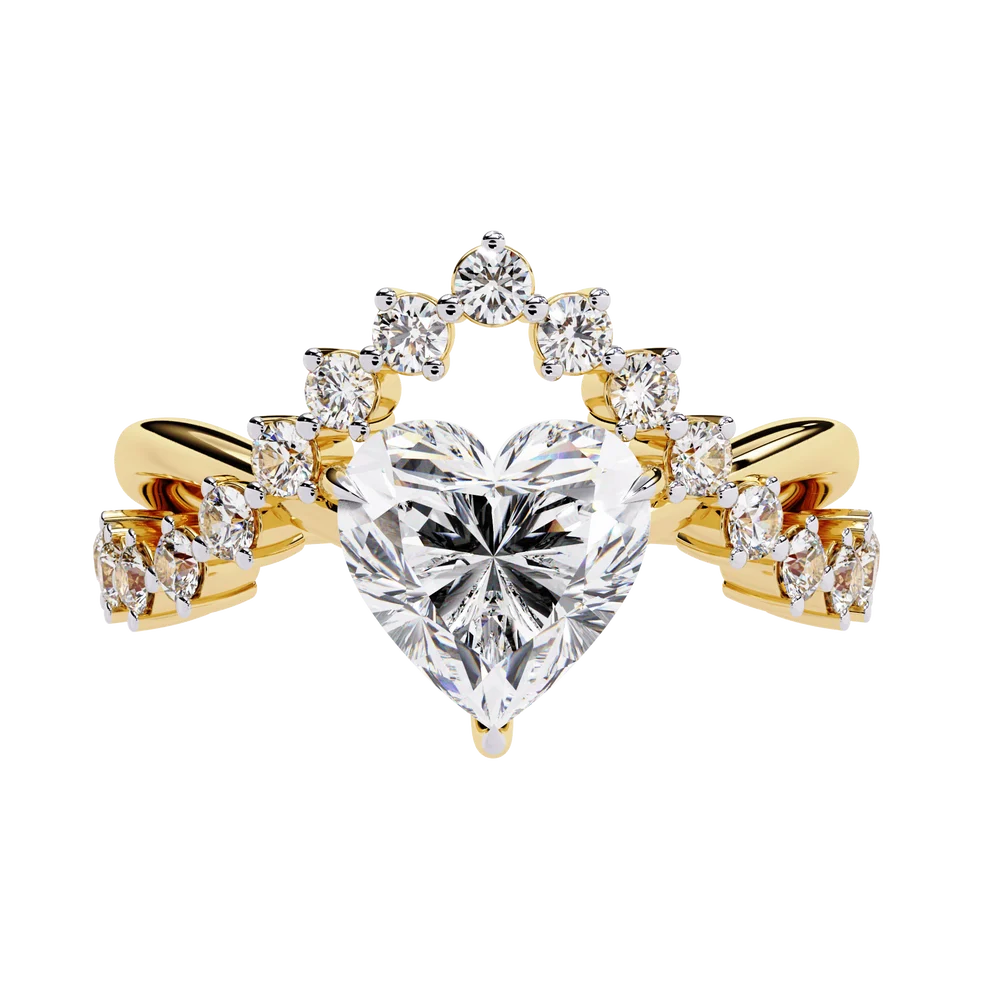 Heart Cut Diamond Halo Gold Engagement Ring with Floral Side Accent | Romantic Bridal Promise Ring
