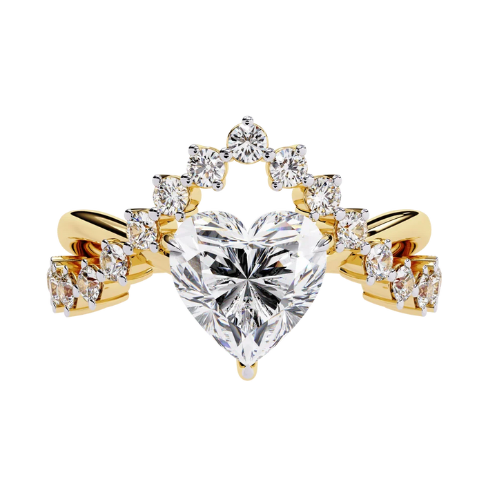 Heart Cut Diamond Halo Gold Engagement Ring with Floral Side Accent | Romantic Bridal Promise Ring