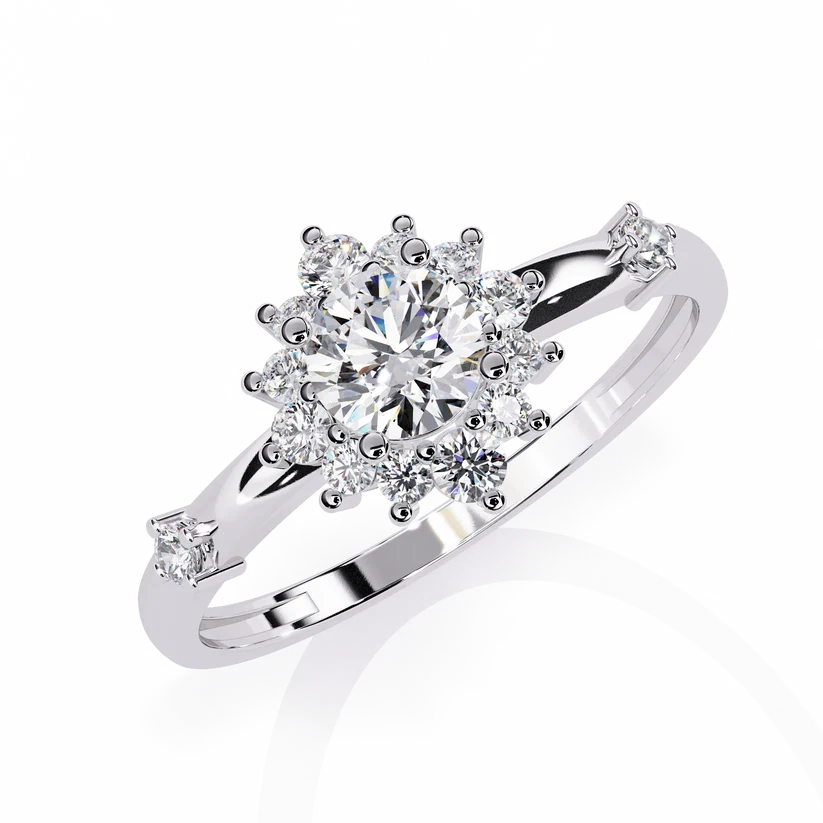 Round Halo Diamond Floral Engagement Ring in Solid Gold | Vintage Inspired Cluster Promise Ring for Women