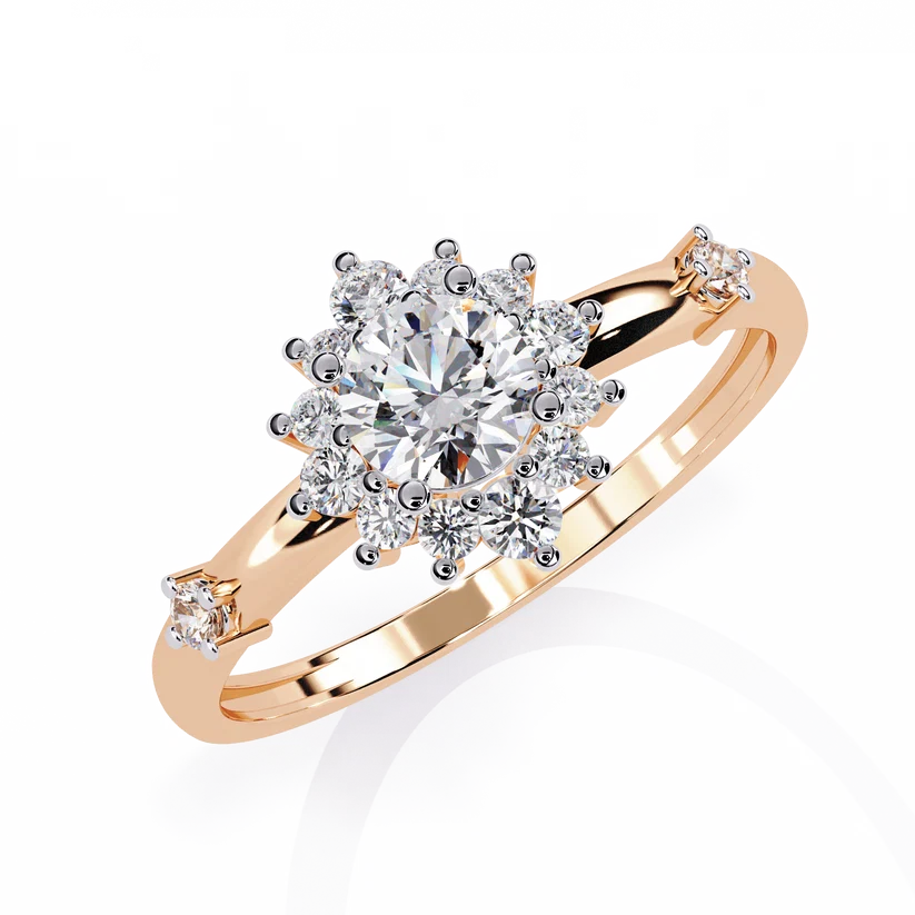 Round Halo Diamond Floral Engagement Ring in Solid Gold | Vintage Inspired Cluster Promise Ring for Women