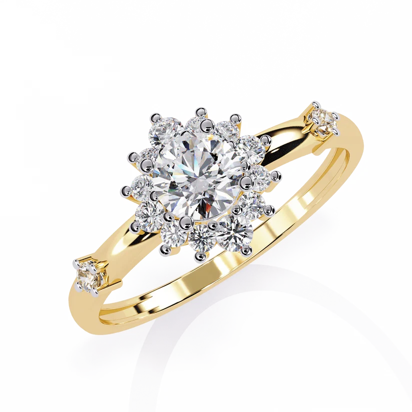 Round Halo Diamond Floral Engagement Ring in Solid Gold | Vintage Inspired Cluster Promise Ring for Women