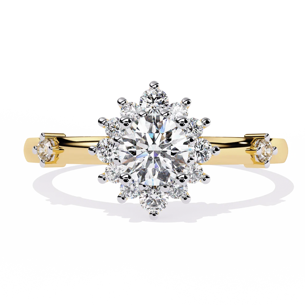 Round Halo Diamond Floral Engagement Ring in Solid Gold | Vintage Inspired Cluster Promise Ring for Women