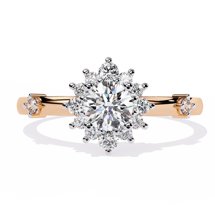 Round Halo Diamond Floral Engagement Ring in Solid Gold | Vintage Inspired Cluster Promise Ring for Women