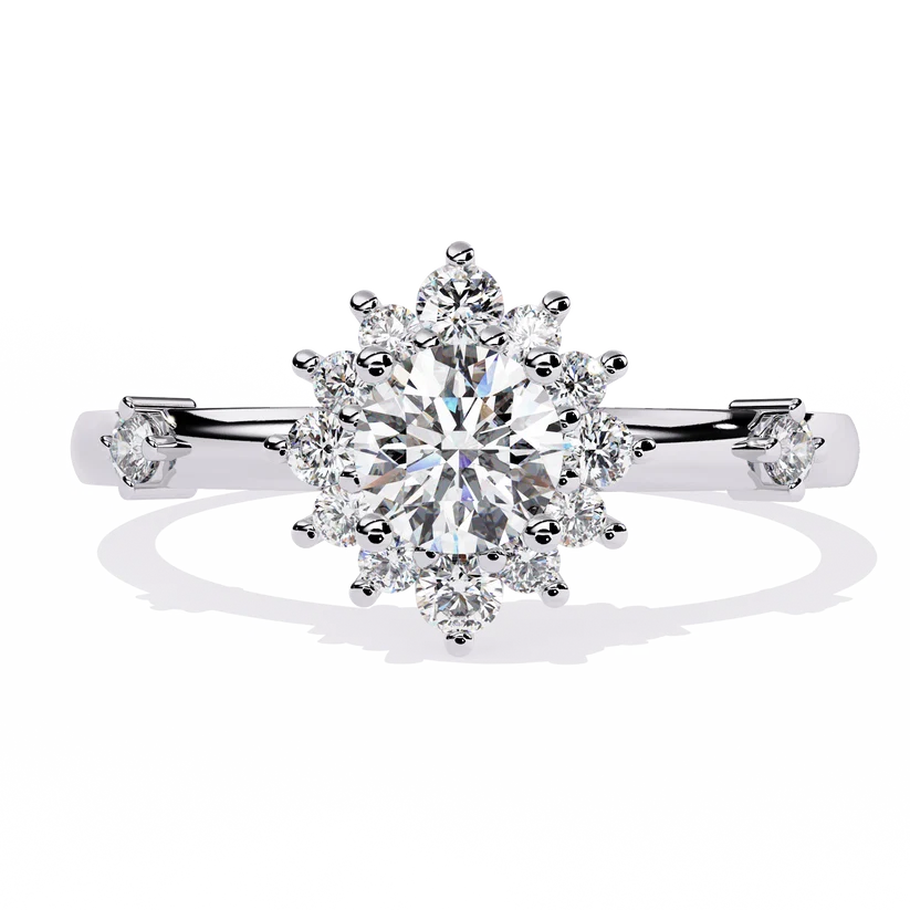 Round Halo Diamond Floral Engagement Ring in Solid Gold | Vintage Inspired Cluster Promise Ring for Women