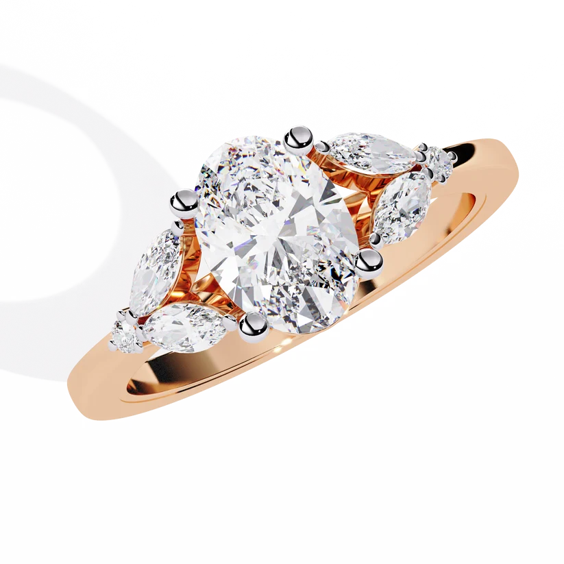 Luxury Oval Diamond Gold Ring with Marquise Side Diamonds