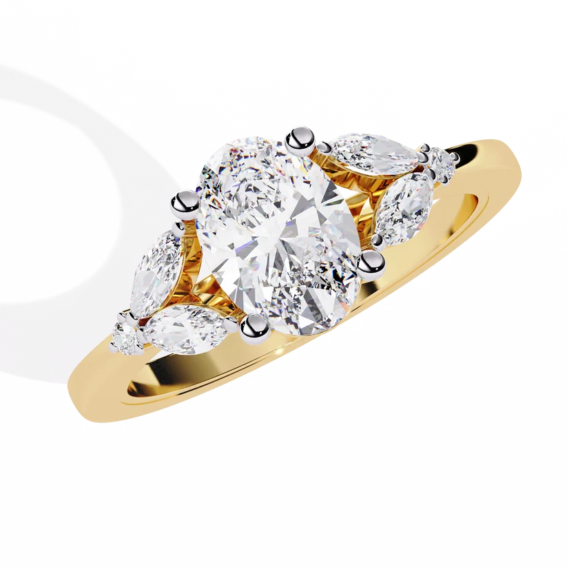 Luxury Oval Diamond Gold Ring with Marquise Side Diamonds