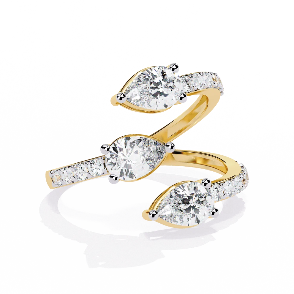 Triple Pear Diamond Bypass Wrap Ring in Solid Gold | Open Spiral Diamond Statement Ring