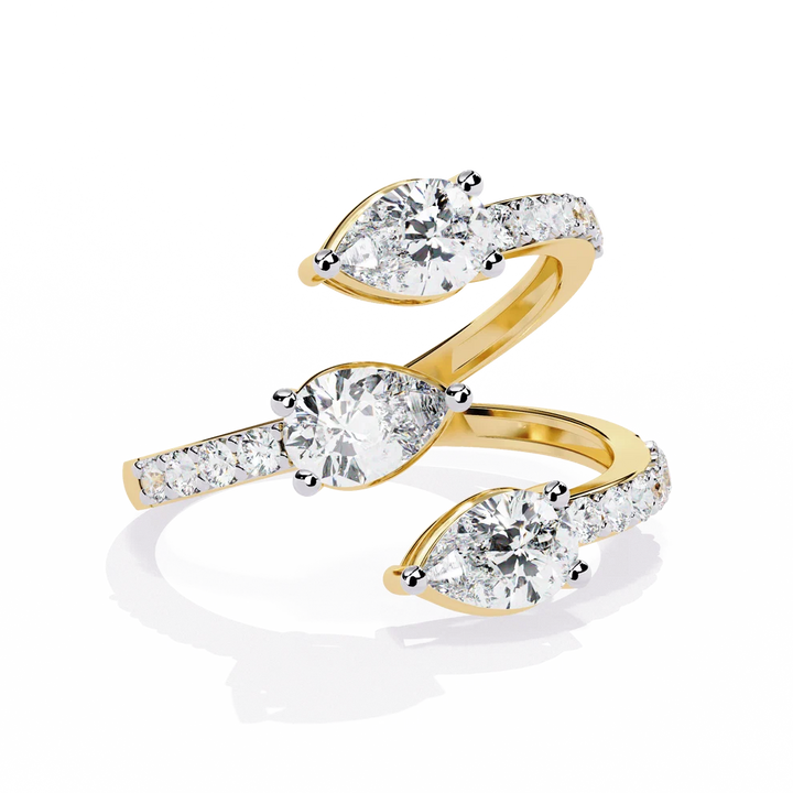Triple Pear Diamond Bypass Wrap Ring in Solid Gold | Open Spiral Diamond Statement Ring
