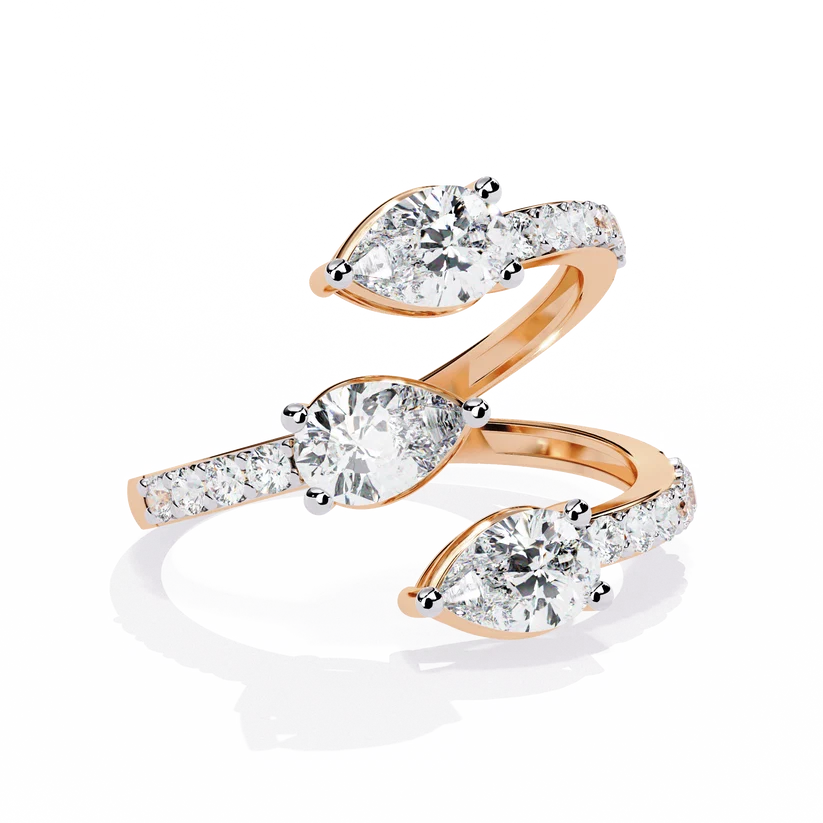 Triple Pear Diamond Bypass Wrap Ring in Solid Gold | Open Spiral Diamond Statement Ring