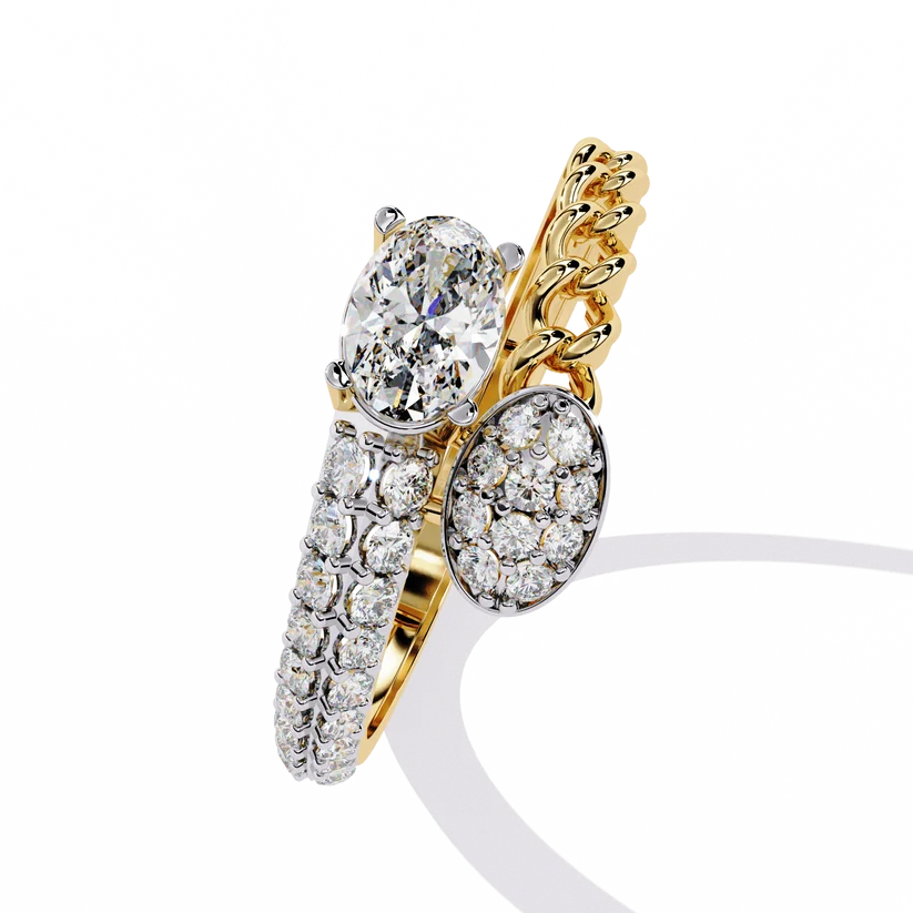 Oval Diamond Cluster Twist Gold Ring – Elegant Double-Band Statement Ring