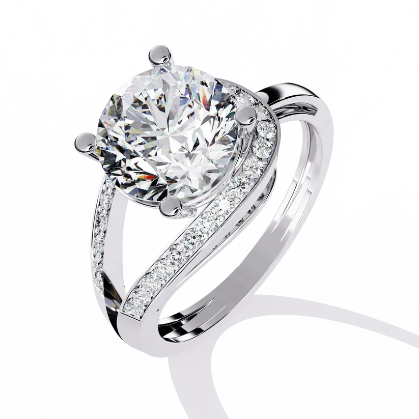 Round Brilliant Diamond Split-Shank Gold Ring – Elegant Pavé Engagement Ring