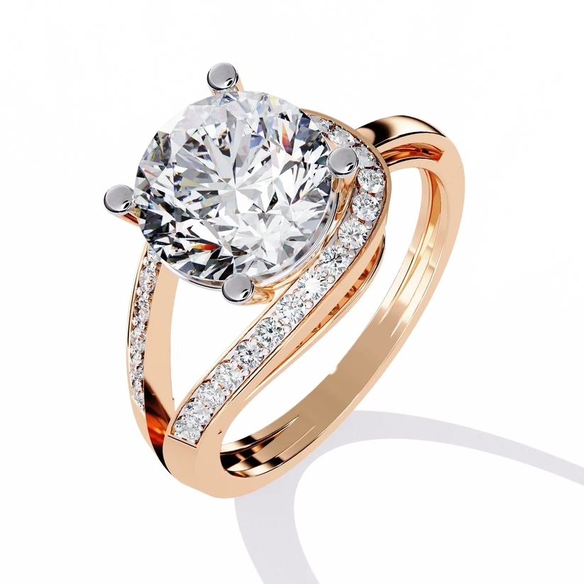 Round Brilliant Diamond Split-Shank Gold Ring – Elegant Pavé Engagement Ring