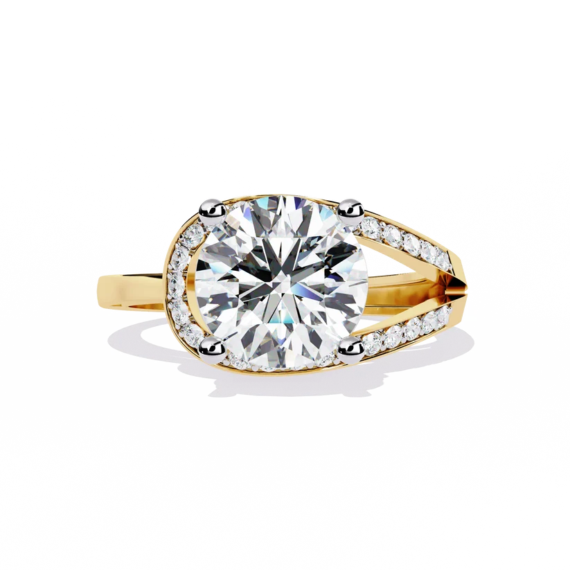 Round Brilliant Diamond Split-Shank Gold Ring – Elegant Pavé Engagement Ring