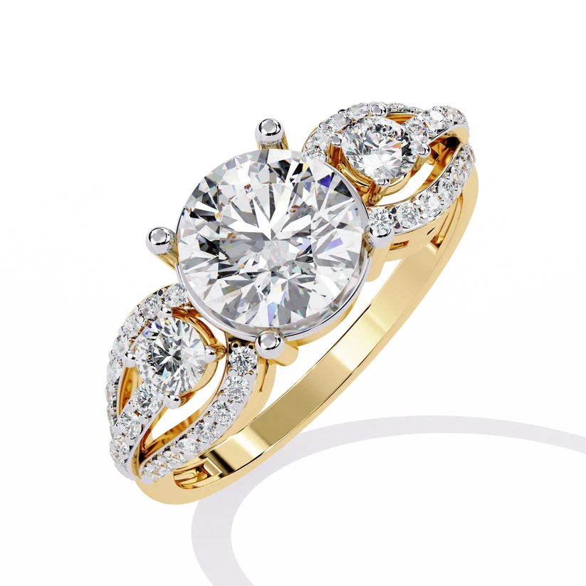 Round Brilliant Diamond Three-Stone Gold Ring – Elegant Pavé Halo Engagement Ring