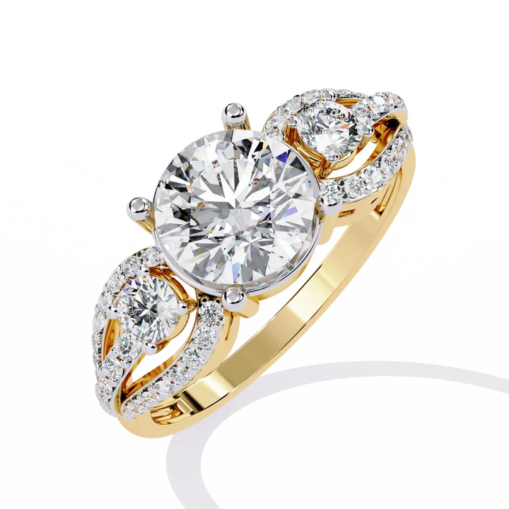 Round Brilliant Diamond Three-Stone Gold Ring – Elegant Pavé Halo Engagement Ring