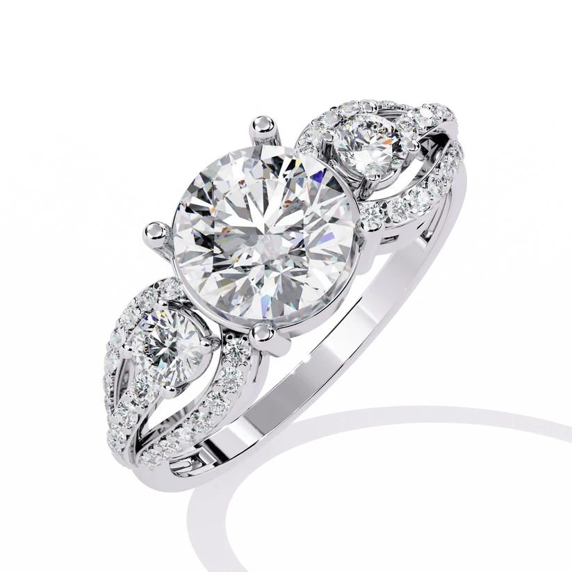 Round Brilliant Diamond Three-Stone Gold Ring – Elegant Pavé Halo Engagement Ring
