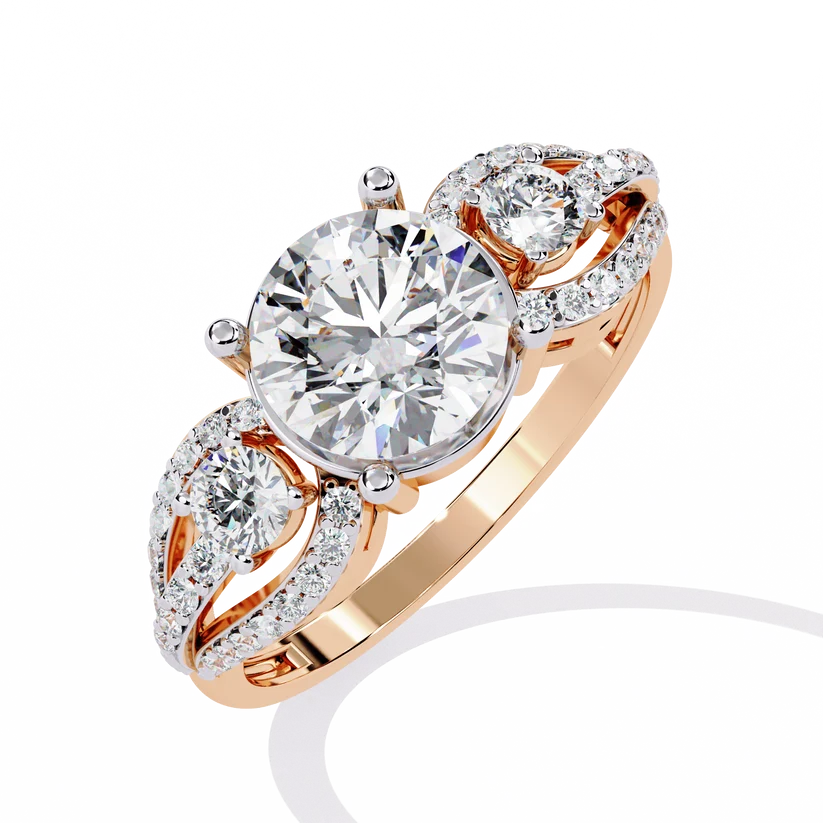 Round Brilliant Diamond Three-Stone Gold Ring – Elegant Pavé Halo Engagement Ring