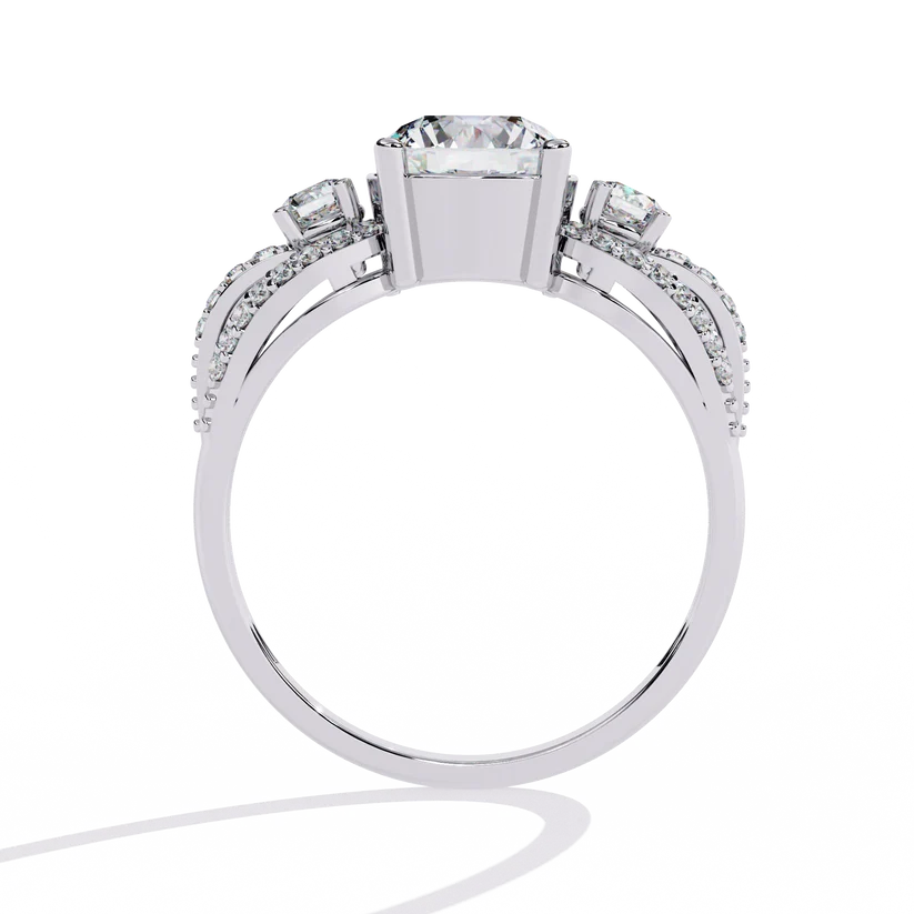 Round Brilliant Diamond Three-Stone Gold Ring – Elegant Pavé Halo Engagement Ring