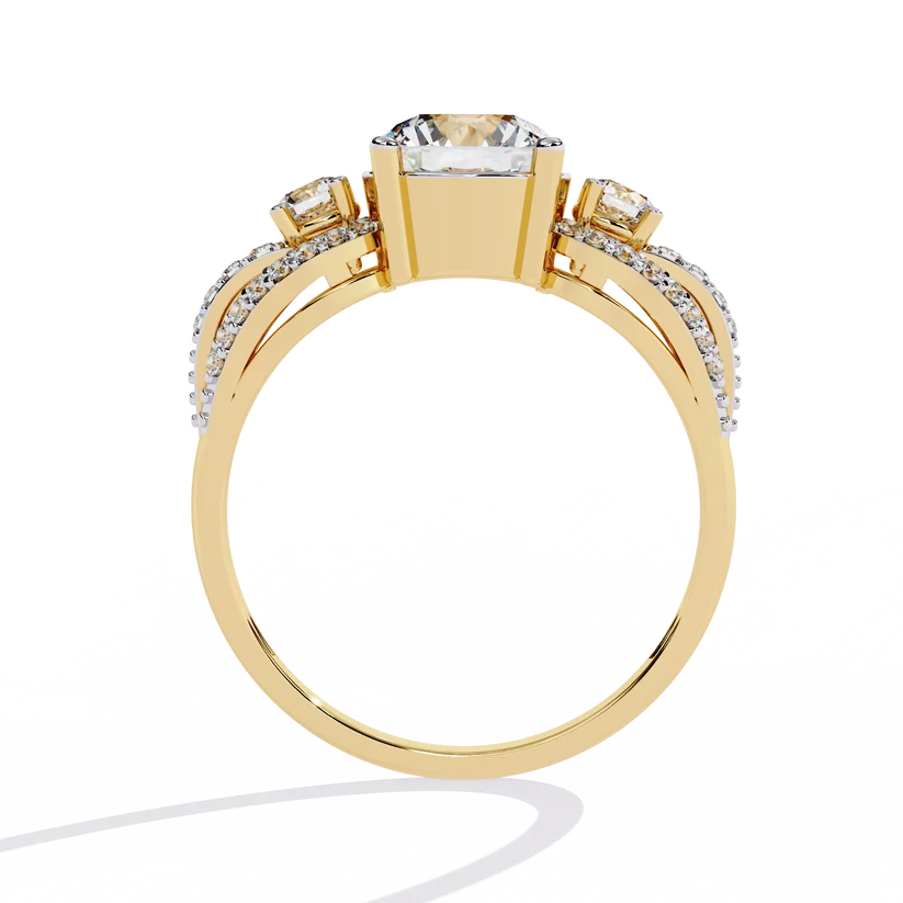 Round Brilliant Diamond Three-Stone Gold Ring – Elegant Pavé Halo Engagement Ring