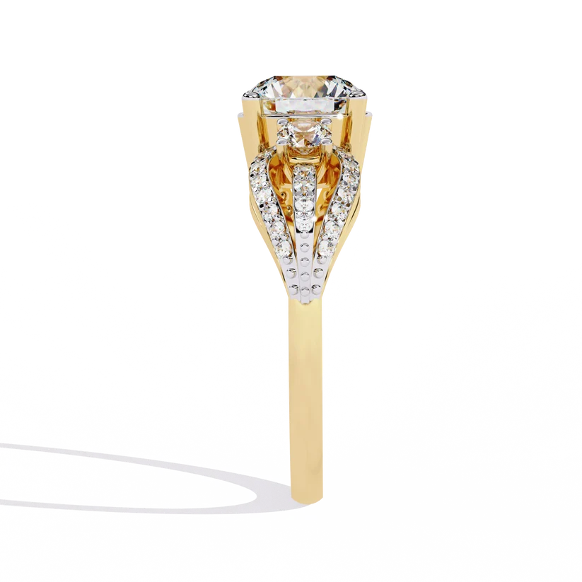 Round Brilliant Diamond Three-Stone Gold Ring – Elegant Pavé Halo Engagement Ring
