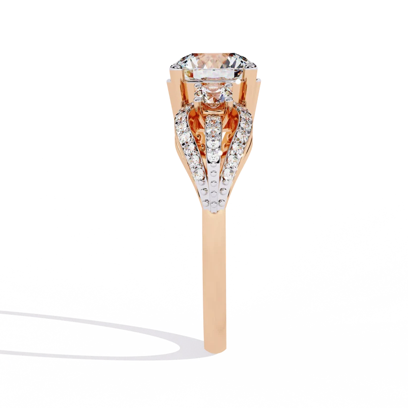 Round Brilliant Diamond Three-Stone Gold Ring – Elegant Pavé Halo Engagement Ring