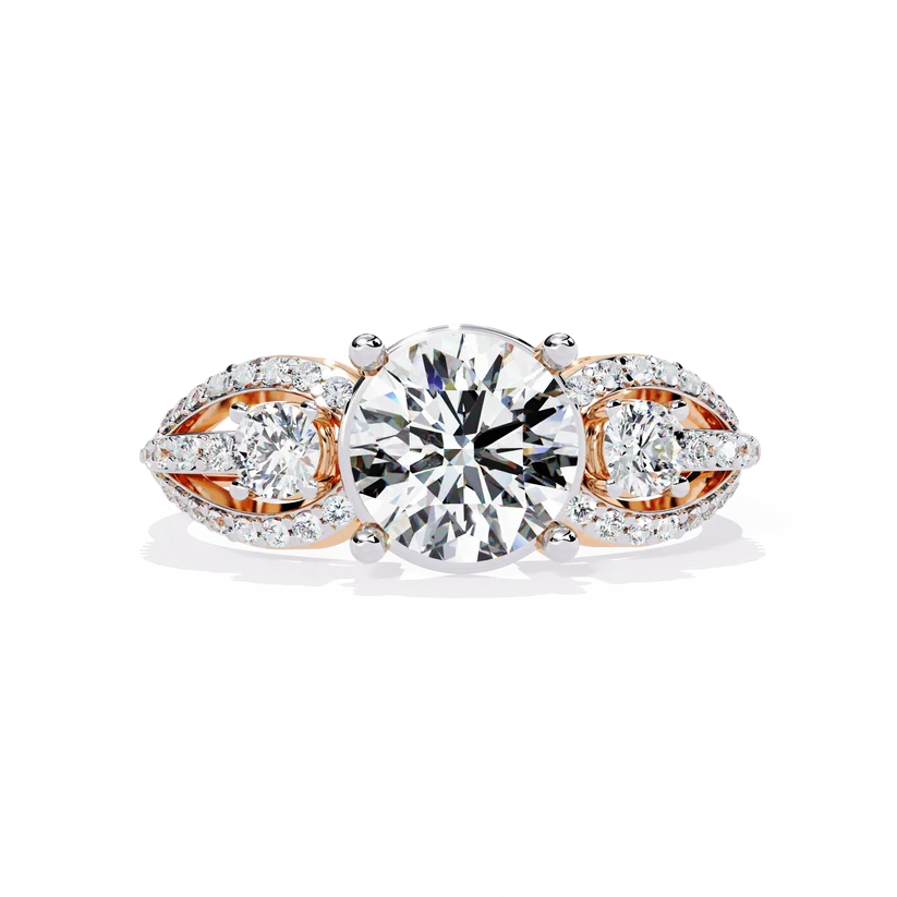 Round Brilliant Diamond Three-Stone Gold Ring – Elegant Pavé Halo Engagement Ring