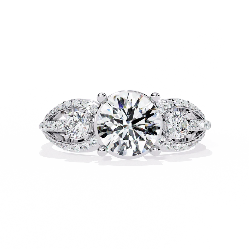 Round Brilliant Diamond Three-Stone Gold Ring – Elegant Pavé Halo Engagement Ring