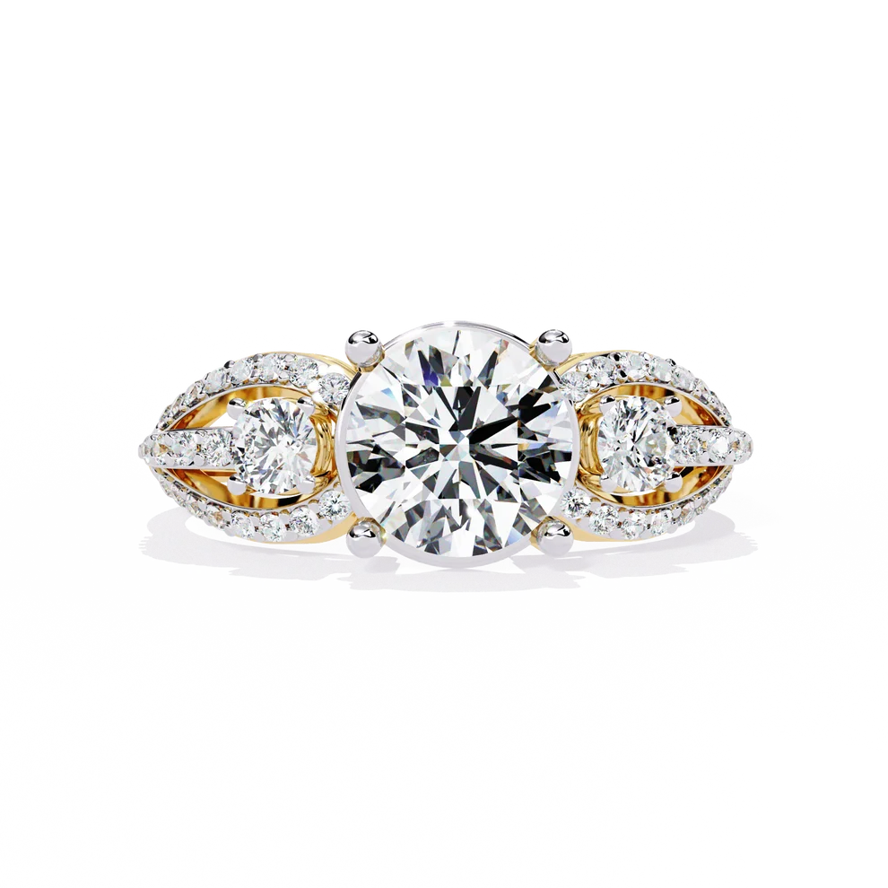 Round Brilliant Diamond Three-Stone Gold Ring – Elegant Pavé Halo Engagement Ring