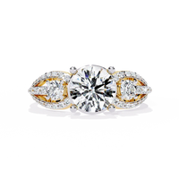 Round Brilliant Diamond Three-Stone Gold Ring – Elegant Pavé Halo Engagement Ring