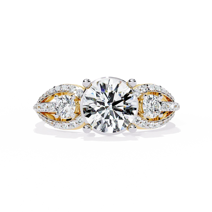 Round Brilliant Diamond Three-Stone Gold Ring – Elegant Pavé Halo Engagement Ring