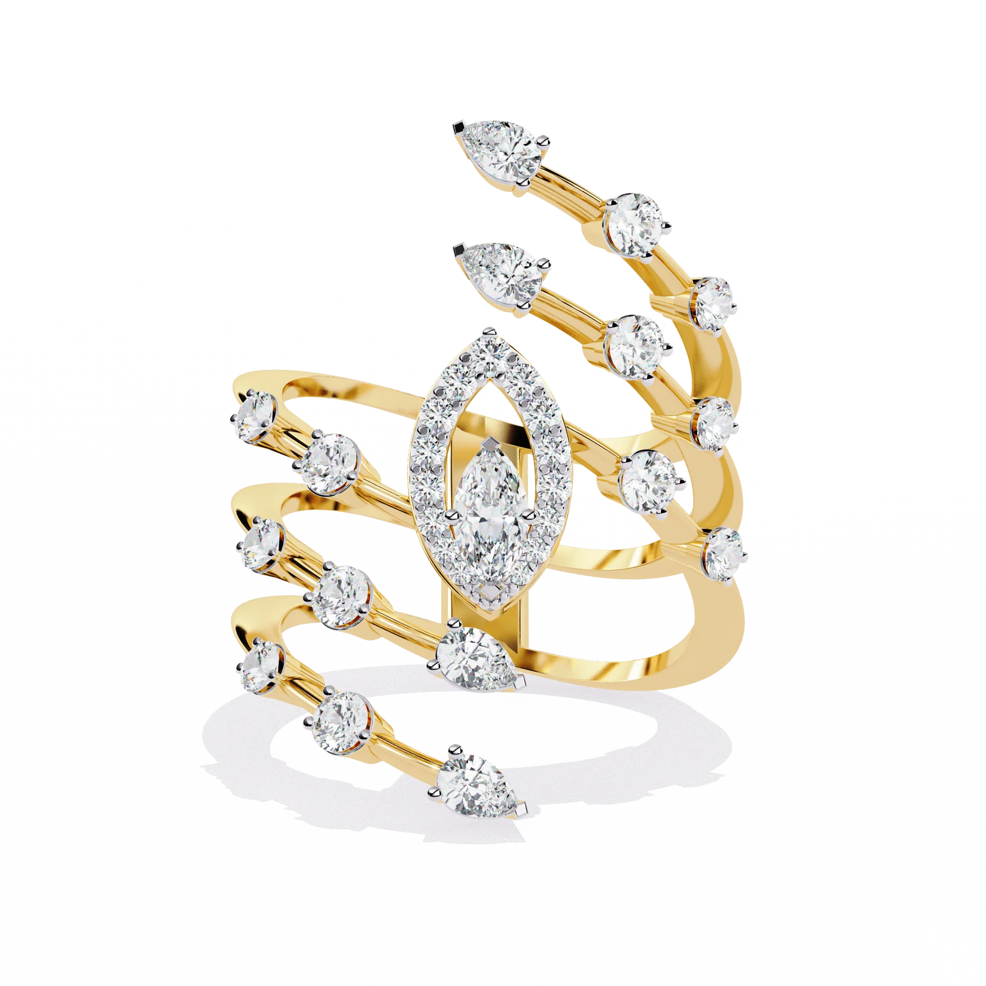Marquise Diamond Multi-Band Gold Ring – Luxury Double Halo Statement Ring