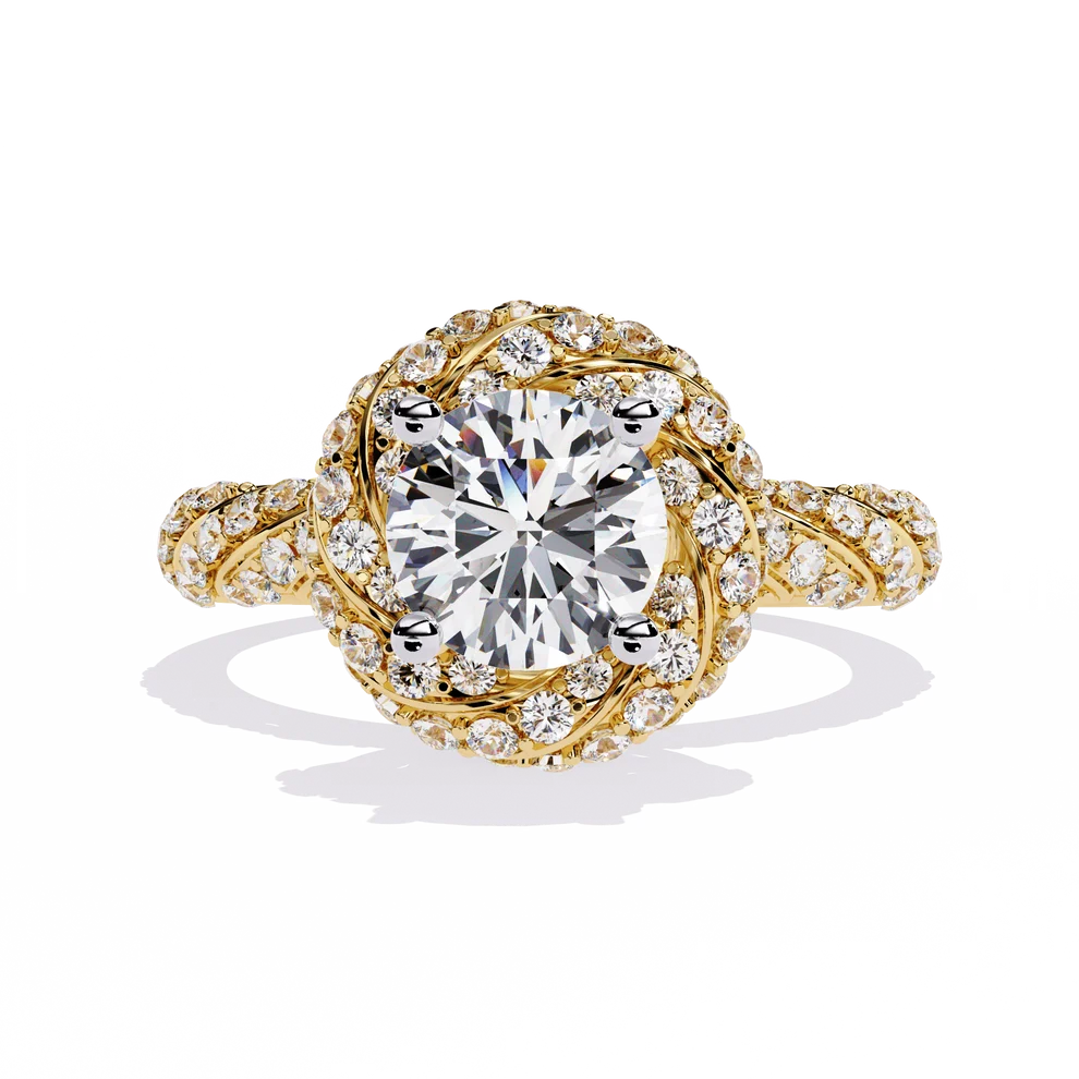 Round Brilliant Diamond Floral Halo Gold Ring – Vintage-Inspired Pavé Engagement Ring