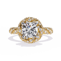 Round Brilliant Diamond Floral Halo Gold Ring – Vintage-Inspired Pavé Engagement Ring