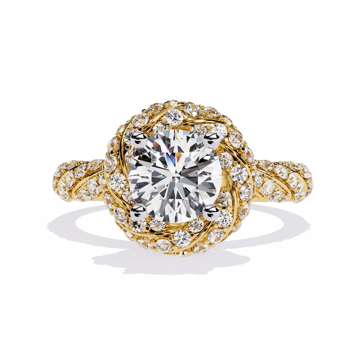 Round Brilliant Diamond Floral Halo Gold Ring – Vintage-Inspired Pavé Engagement Ring