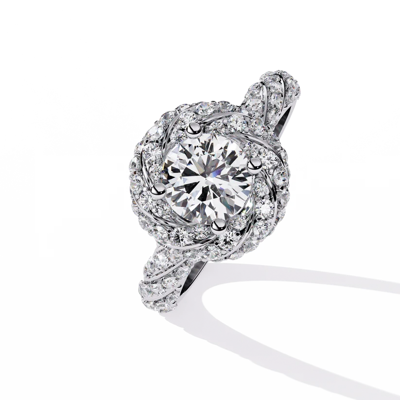 Round Brilliant Diamond Floral Halo Gold Ring – Vintage-Inspired Pavé Engagement Ring
