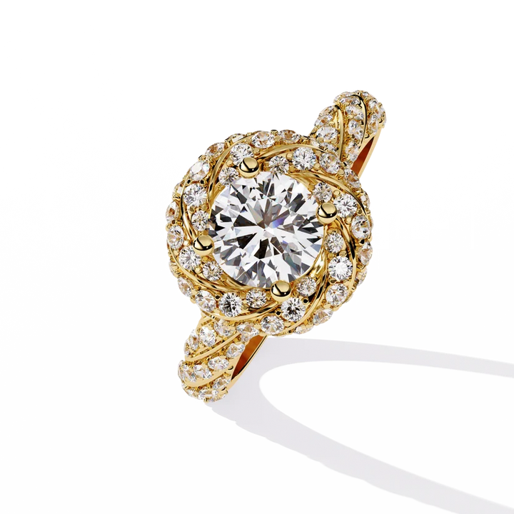 Round Brilliant Diamond Floral Halo Gold Ring – Vintage-Inspired Pavé Engagement Ring