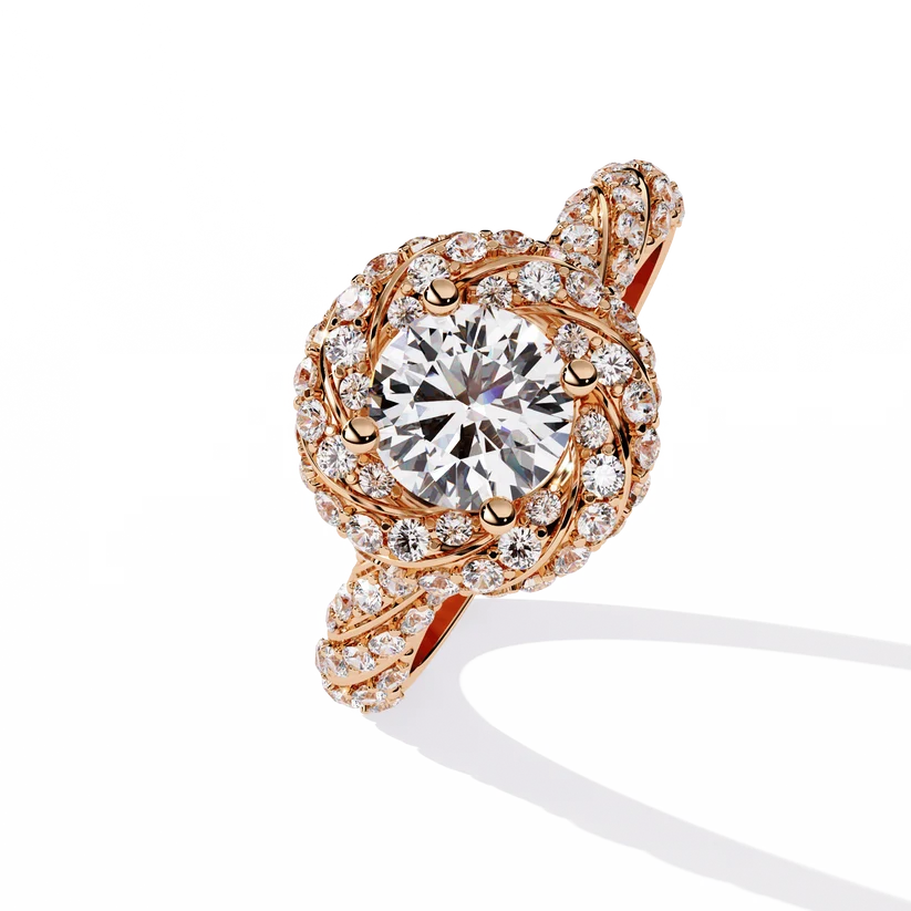 Round Brilliant Diamond Floral Halo Gold Ring – Vintage-Inspired Pavé Engagement Ring