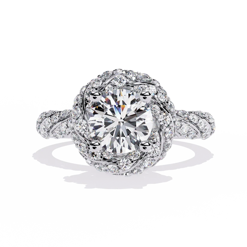 Round Brilliant Diamond Floral Halo Gold Ring – Vintage-Inspired Pavé Engagement Ring