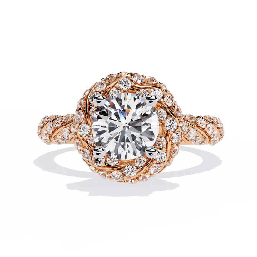 Round Brilliant Diamond Floral Halo Gold Ring – Vintage-Inspired Pavé Engagement Ring