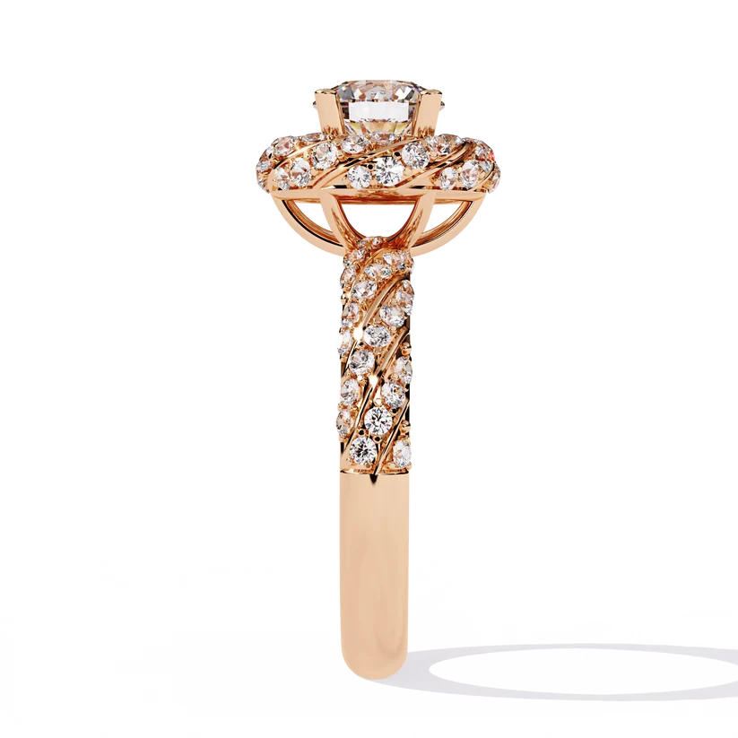 Round Brilliant Diamond Floral Halo Gold Ring – Vintage-Inspired Pavé Engagement Ring