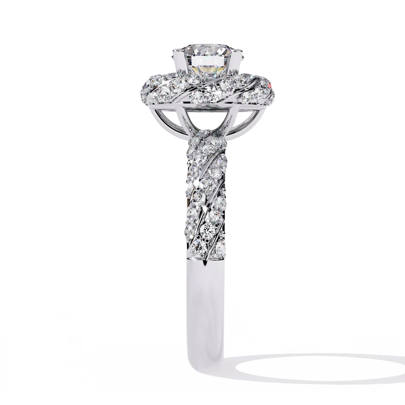 Round Brilliant Diamond Floral Halo Gold Ring – Vintage-Inspired Pavé Engagement Ring