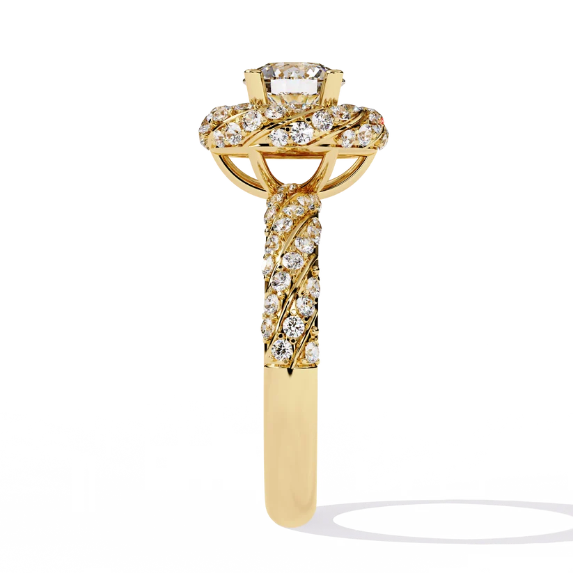 Round Brilliant Diamond Floral Halo Gold Ring – Vintage-Inspired Pavé Engagement Ring