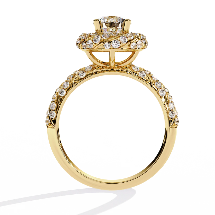 Round Brilliant Diamond Floral Halo Gold Ring – Vintage-Inspired Pavé Engagement Ring