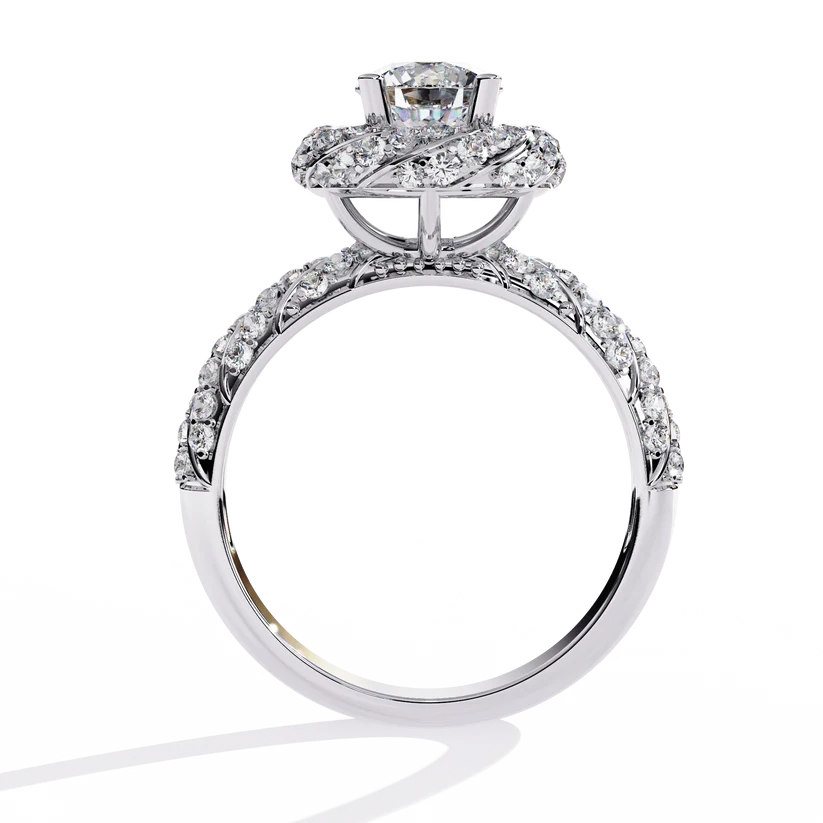 Round Brilliant Diamond Floral Halo Gold Ring – Vintage-Inspired Pavé Engagement Ring