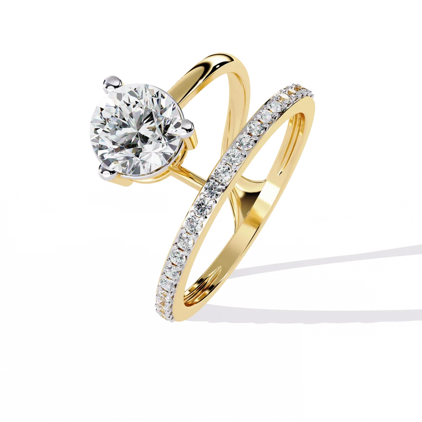 Round Brilliant Diamond Floating Halo Gold Ring – Elegant Pavé Band Engagement Ring