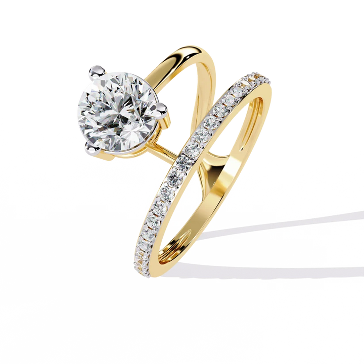 Round Brilliant Diamond Floating Halo Gold Ring – Elegant Pavé Band Engagement Ring